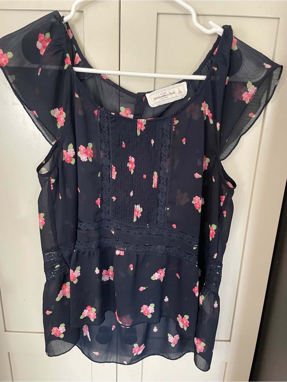Abercrombie & Fitch Navy Floral Flutter-Sleeve Top with Pink Blooms